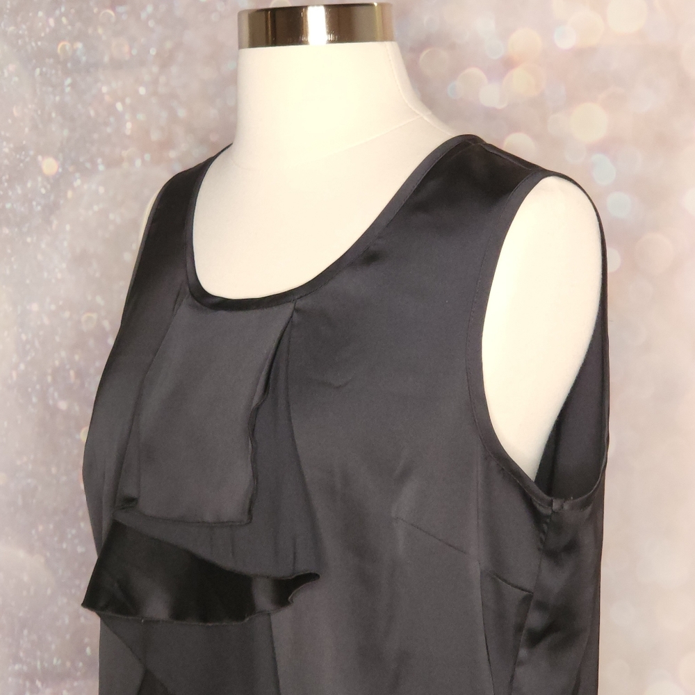 Peck & Peck EUC Black Satin Sleeveless Cute Top With Front Ruffles Size M
